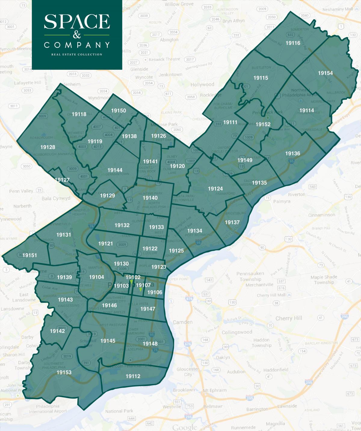 mapa de Filadelfia barrios e zip codes