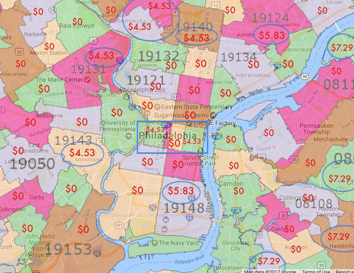 Philadelphia e as áreas circundantes mapa
